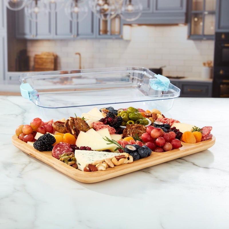 Farberware Build-A-Board Bamboo Cutting Board with Built-in Compartments and Clear Locking Lid with Blue Handles, Perfect for Charcuterie, Snacks, and More - Image 5