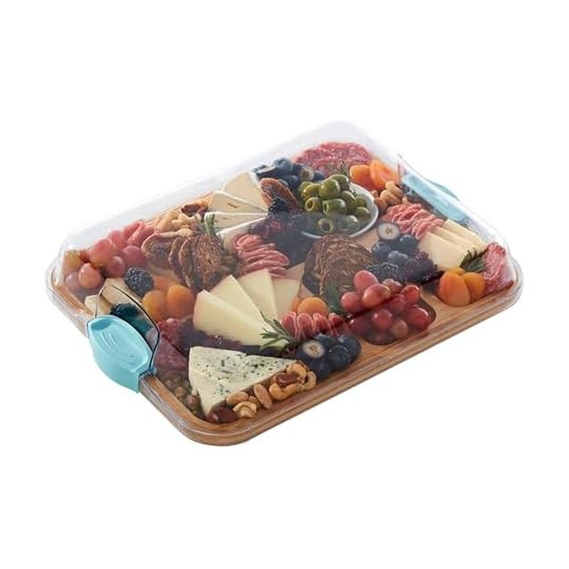 Farberware Build-A-Board Bamboo Cutting Board with Built-in Compartments and Clear Locking Lid with Blue Handles, Perfect for Charcuterie, Snacks, and More - Image 1