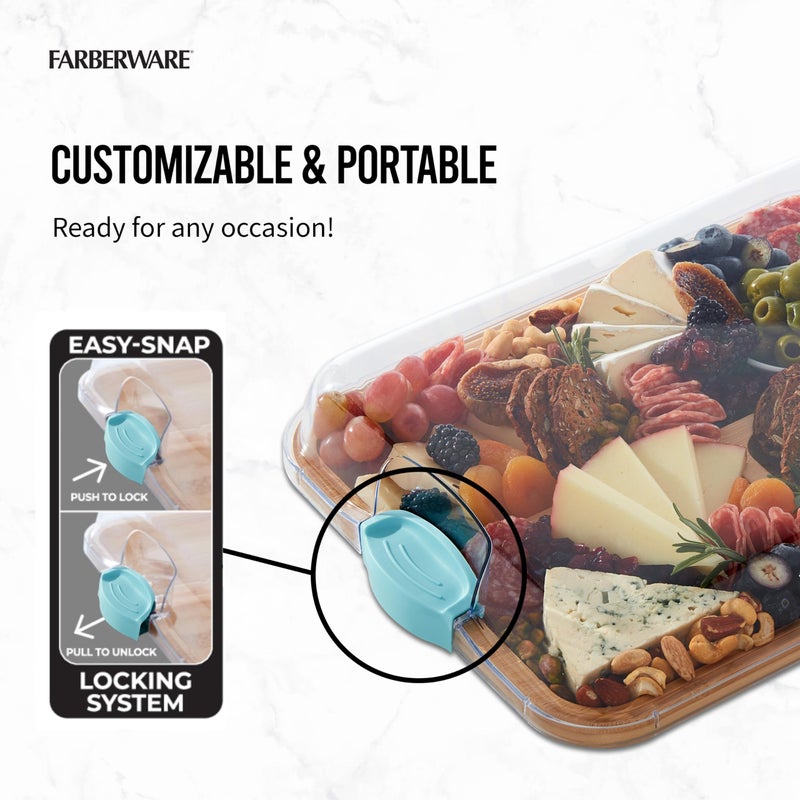 Farberware Build-A-Board Bamboo Cutting Board with Built-in Compartments and Clear Locking Lid with Blue Handles, Perfect for Charcuterie, Snacks, and More - Image 4