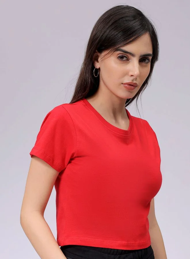 Freehand Women Slim Fit Solid Cropped T-Shirt