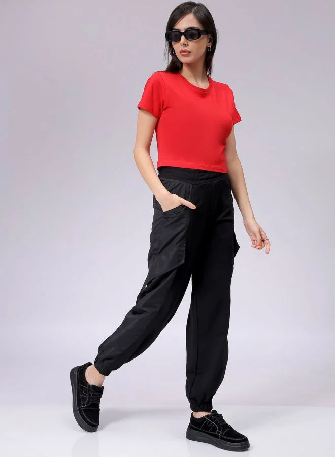 Freehand Women Slim Fit Solid Cropped T-Shirt