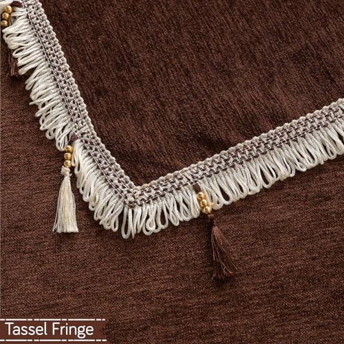 HOKIPO 'Serenity Tassel' Chenille Sofa Cover 5 Seater Set with Tassels – Washable 3+1+1 Sofa Cover Mat | Chestnut Luke (IN-890 * 2 + IN-892 - BR) - Image 2