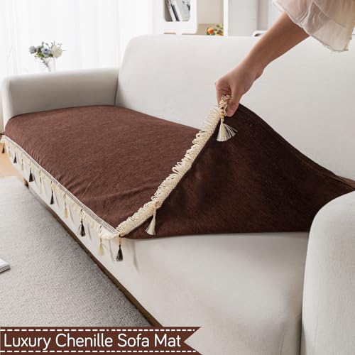HOKIPO 'Serenity Tassel' Chenille Sofa Cover 5 Seater Set with Tassels – Washable 3+1+1 Sofa Cover Mat | Chestnut Luke (IN-890 * 2 + IN-892 - BR) - Image 3