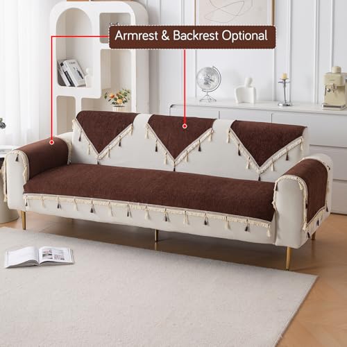 HOKIPO 'Serenity Tassel' Chenille Sofa Cover 5 Seater Set with Tassels – Washable 3+1+1 Sofa Cover Mat | Chestnut Luke (IN-890 * 2 + IN-892 - BR) - Image 5