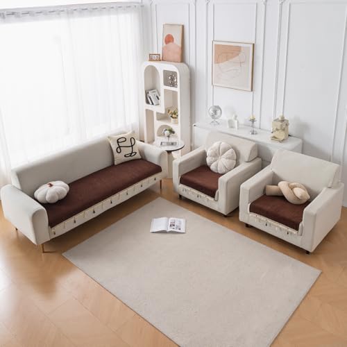 HOKIPO 'Serenity Tassel' Chenille Sofa Cover 5 Seater Set with Tassels – Washable 3+1+1 Sofa Cover Mat | Chestnut Luke (IN-890 * 2 + IN-892 - BR) - Image 1