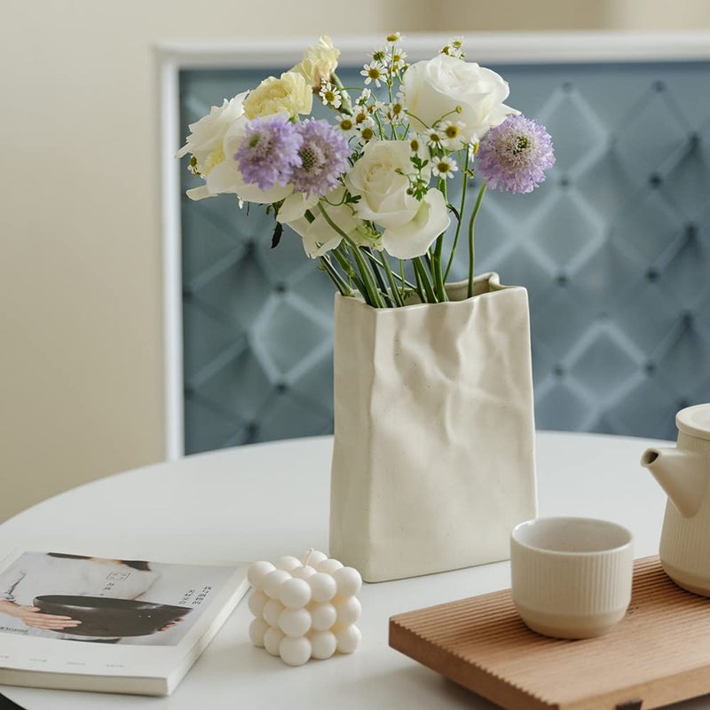 WENSHUO Crinkle Paper Bag Shape Ceramic Vase Large Capacity for Flower Arrangement Bookshelf Decorative Matte Crme 