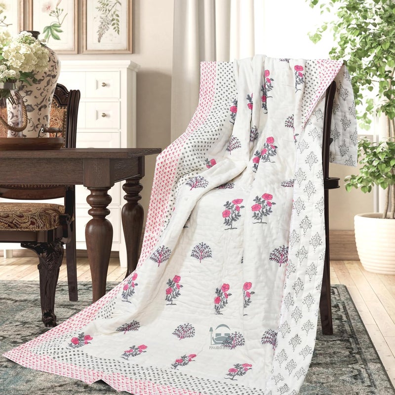 AARMOZY Cotton Single Bed Hand Block Print Floral Jaipuri Razai Quilt Blanket PinkGery 60X90 INCHES - Image 2