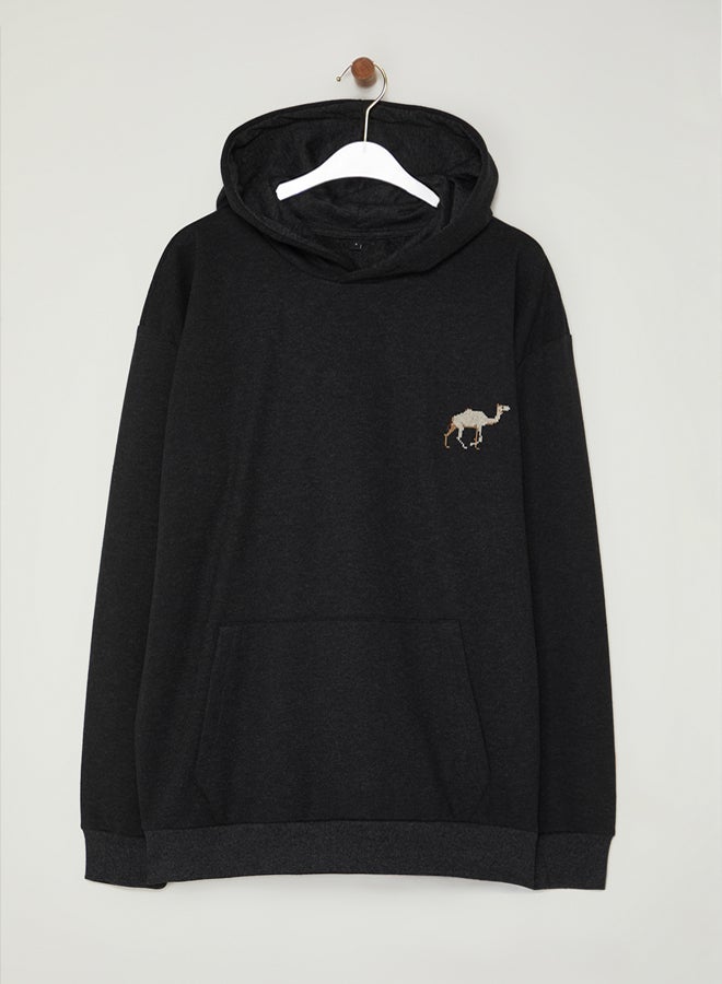 trendyol Anthracite Oversize/Wide Cut Camel Embroidered Polar Fleece Hooded Sweatshirt TMNAW25SW00164 - Image 5
