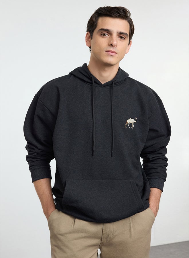 trendyol Anthracite Oversize/Wide Cut Camel Embroidered Polar Fleece Hooded Sweatshirt TMNAW25SW00164 - Image 2