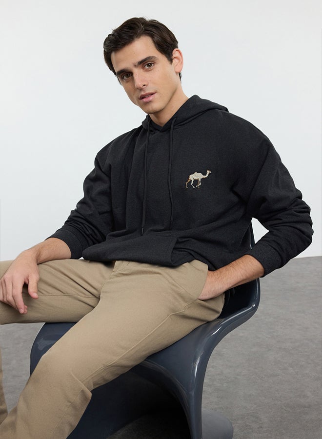 trendyol Anthracite Oversize/Wide Cut Camel Embroidered Polar Fleece Hooded Sweatshirt TMNAW25SW00164 - Image 1