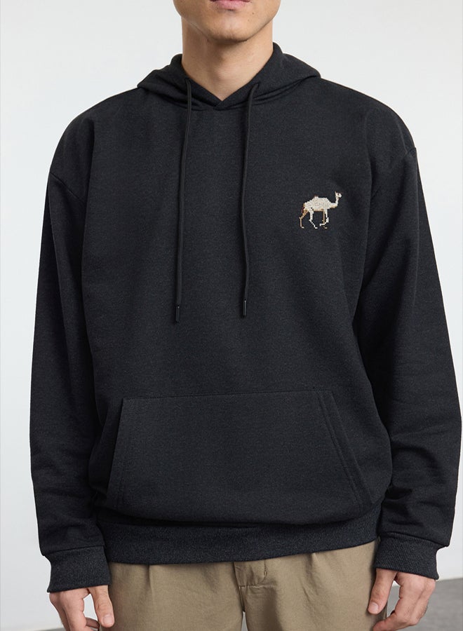 trendyol Anthracite Oversize/Wide Cut Camel Embroidered Polar Fleece Hooded Sweatshirt TMNAW25SW00164 - Image 3