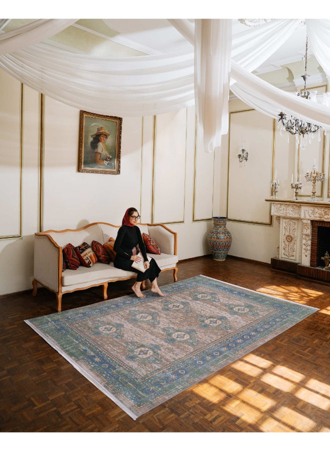 Almas Kavir Carpet Carpet Woven Rug in Soft Texture | Vintage Aztex Design - Green, Blue & Grey | Size - 200x300 cm (6.5x10 ft) | For Living space , Master Bedroom, Dinning room & Large office space - Image 3