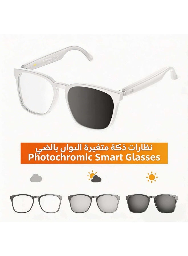 AI-powered smart glasses with three lens color options, Bluetooth connectivity, and long battery life. Ideal for meetings, listening to music, and hands-free calls while driving. Features an AI voice assistant, is water- and dust-resistant, and supports translation in 150 languages. These multifunctional touch-enabled audio smart glasses make an excellent gift for business associates, friends, family, and classmates during the holidays (White)