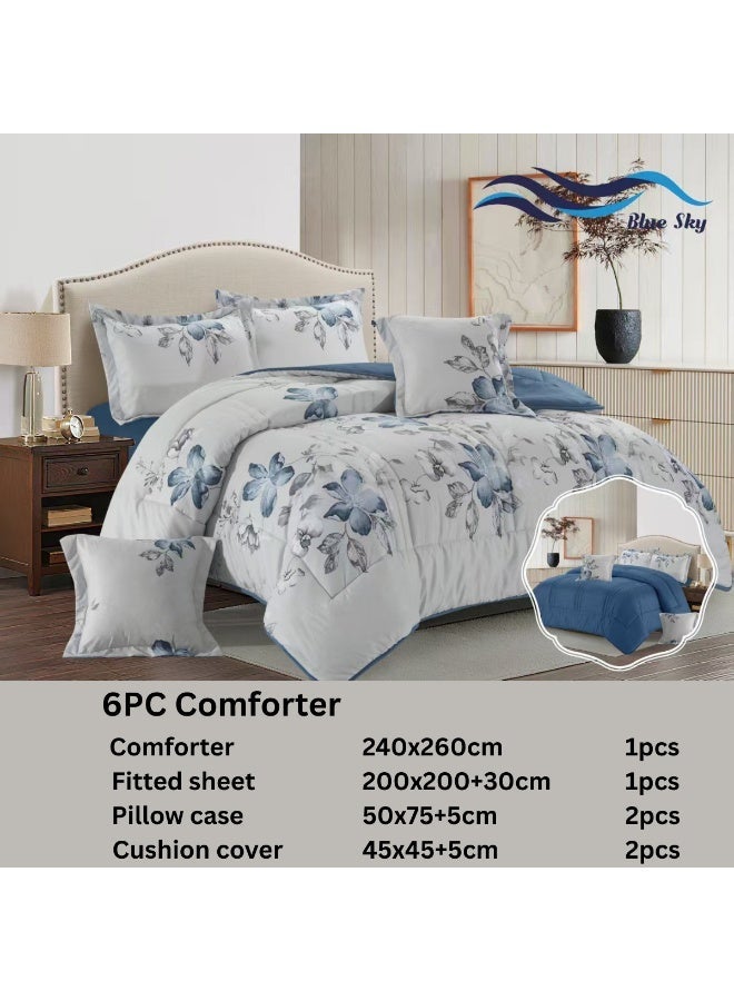 بلو سكاي مفرش سرير نفرين فندقي فاخر – طقم لحاف بحشوة 6 قطع – طقم مفارش يتكون من مفرش  بحشوة وشرشف مطاطي و 2 كيس مخدة و 2 كيس وسادة مربعة – طقم نوم ناعم ومريح - مقاس المفرش 260X240 سم - Image 2