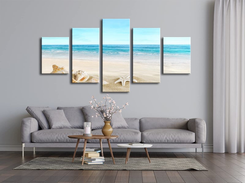Pyradecor Seashell Large 5 panels Seascape Canvas Prints on Modern Stretched Canvas Wall Art Sea Beach Pictures Artwork for Living Room Bedroom Home Decorations L - Image 5