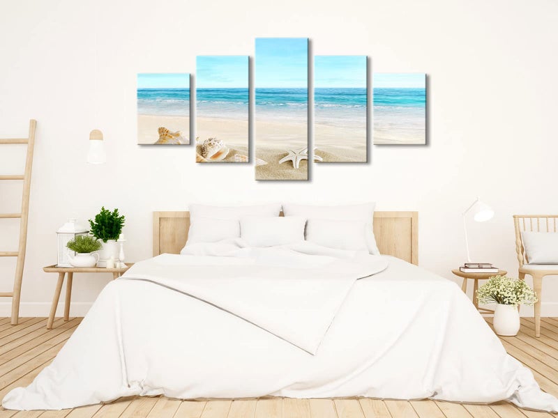 Pyradecor Seashell Large 5 panels Seascape Canvas Prints on Modern Stretched Canvas Wall Art Sea Beach Pictures Artwork for Living Room Bedroom Home Decorations L - Image 3