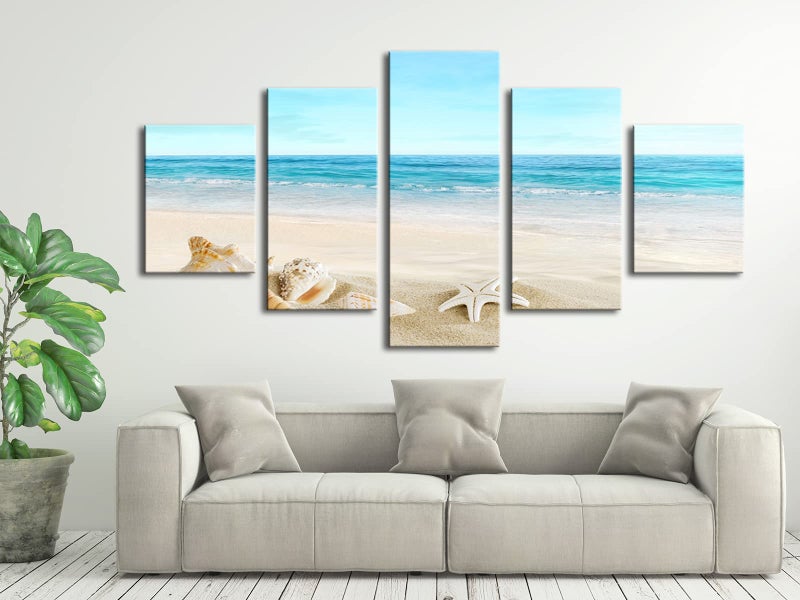 Pyradecor Seashell Large 5 panels Seascape Canvas Prints on Modern Stretched Canvas Wall Art Sea Beach Pictures Artwork for Living Room Bedroom Home Decorations L - Image 2