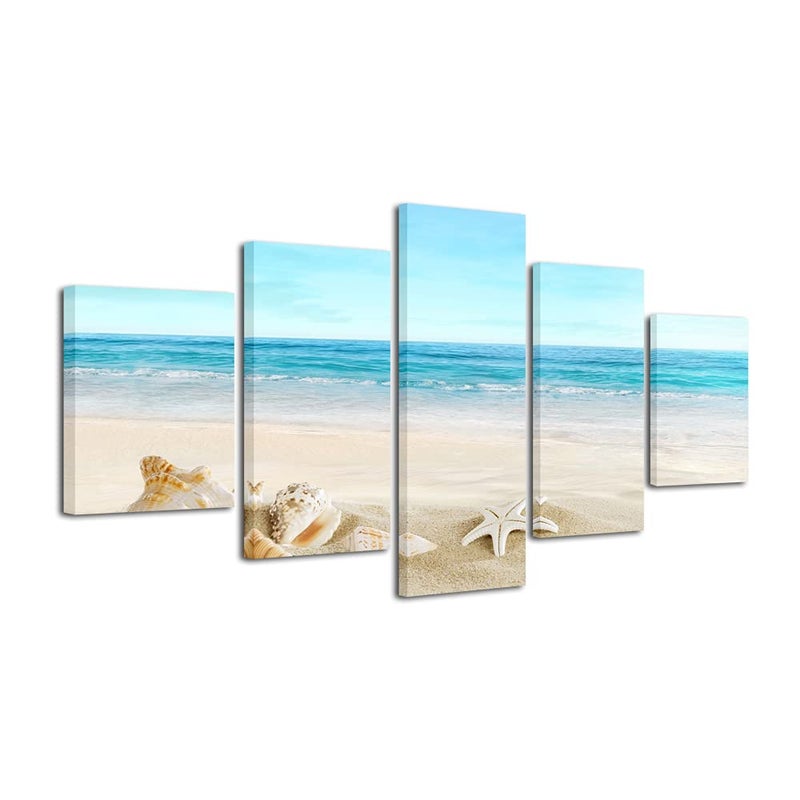 Pyradecor Seashell Large 5 panels Seascape Canvas Prints on Modern Stretched Canvas Wall Art Sea Beach Pictures Artwork for Living Room Bedroom Home Decorations L - Image 1