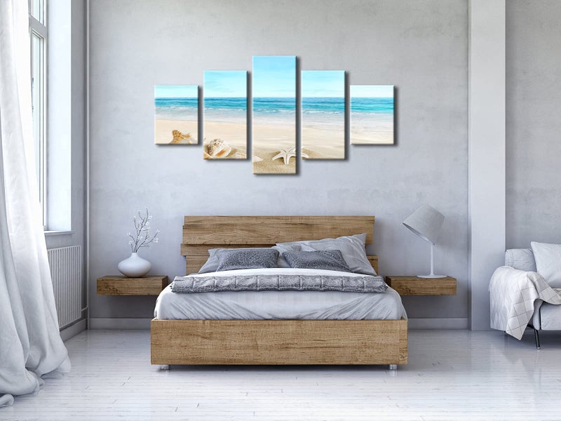 Pyradecor Seashell Large 5 panels Seascape Canvas Prints on Modern Stretched Canvas Wall Art Sea Beach Pictures Artwork for Living Room Bedroom Home Decorations L - Image 4
