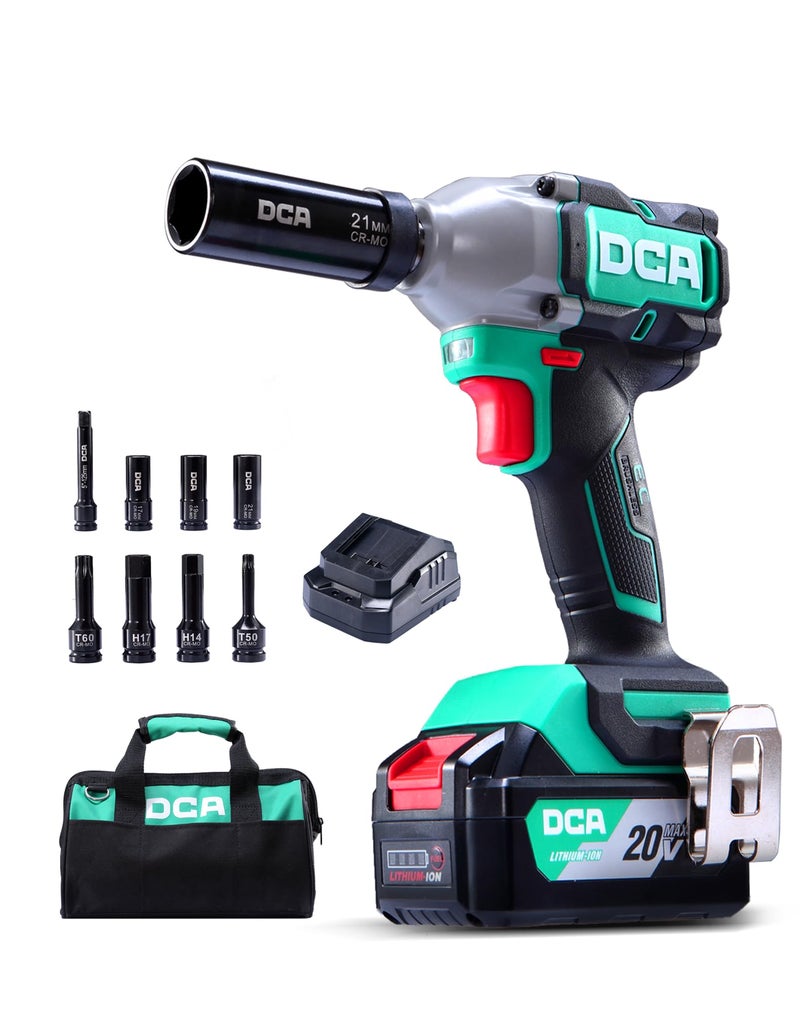 دي سي أيه مفتاح ربط تأثير بدون فرشاة DCA 20 فولت مع بطارية 4.0 أمبير في الساعة، حلقة خنزير 1/2 بوصة، مسدس تأثير لاسلكي 235 قدم رطل، عزم دوران عالٍ، مفتاح طاقة 4 أوضاع للسيارات وDIY - Image 1