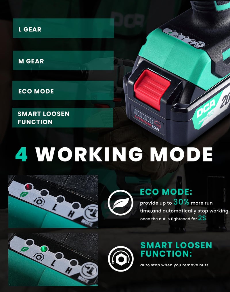 دي سي أيه مفتاح ربط تأثير بدون فرشاة DCA 20 فولت مع بطارية 4.0 أمبير في الساعة، حلقة خنزير 1/2 بوصة، مسدس تأثير لاسلكي 235 قدم رطل، عزم دوران عالٍ، مفتاح طاقة 4 أوضاع للسيارات وDIY - Image 3
