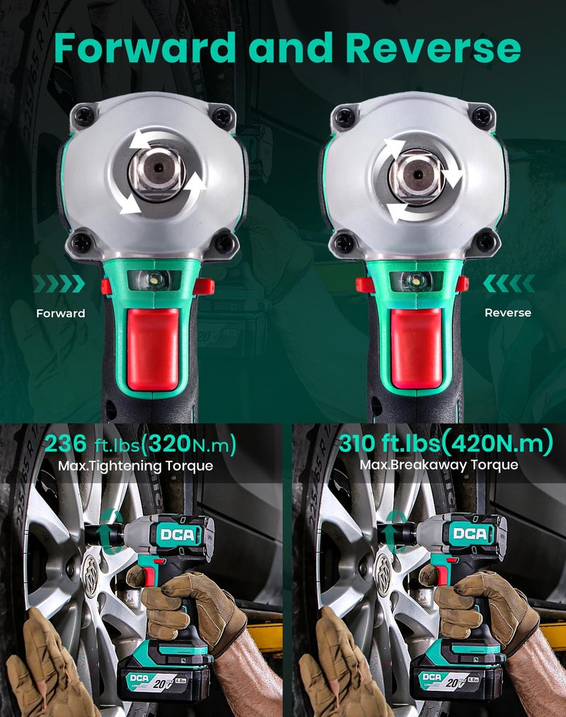 دي سي أيه مفتاح ربط تأثير بدون فرشاة DCA 20 فولت مع بطارية 4.0 أمبير في الساعة، حلقة خنزير 1/2 بوصة، مسدس تأثير لاسلكي 235 قدم رطل، عزم دوران عالٍ، مفتاح طاقة 4 أوضاع للسيارات وDIY - Image 4