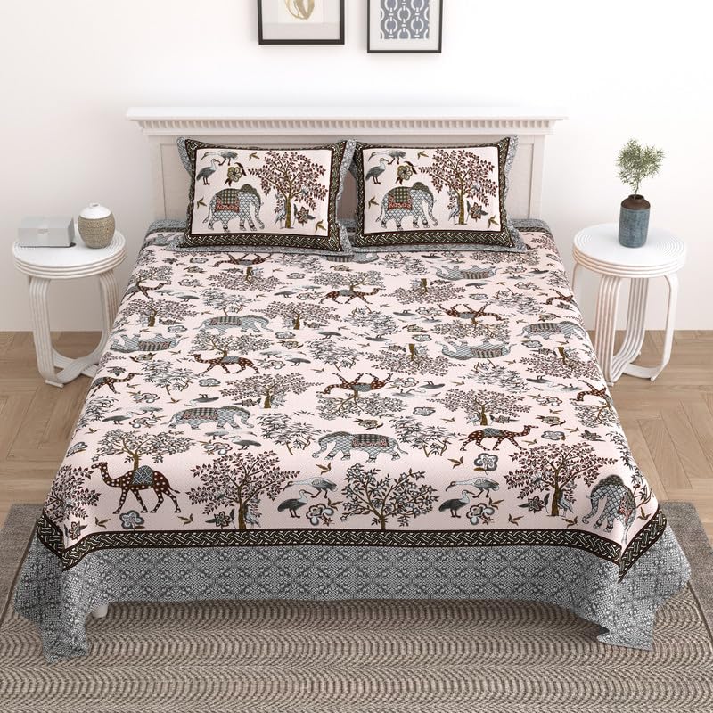KOTTS STITCH Unique Traditional Jungle Print King Size Bedsheet 93x108 Jaipuri Bedsheet for Double Bed King Size Bedsheet with Pillow Covers in Grey Pink Brown Colour