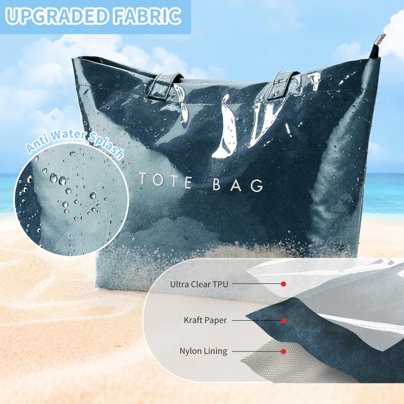 KALIDI PVC Zipper Tote Bag, Kraft Paper Beach Bag Large Hobo Carry All Travel Shopping Handbag Plastic Shoulder Bag (Dark Blue) - Image 4