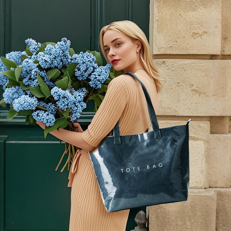 KALIDI PVC Zipper Tote Bag, Kraft Paper Beach Bag Large Hobo Carry All Travel Shopping Handbag Plastic Shoulder Bag (Dark Blue) - Image 3