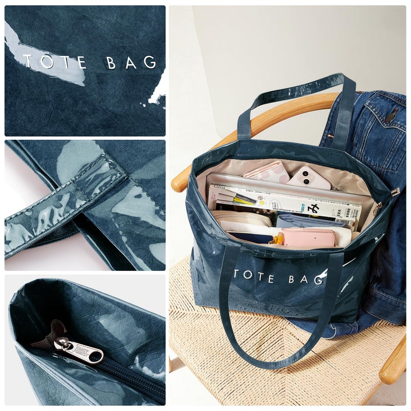 KALIDI PVC Zipper Tote Bag, Kraft Paper Beach Bag Large Hobo Carry All Travel Shopping Handbag Plastic Shoulder Bag (Dark Blue) - Image 5
