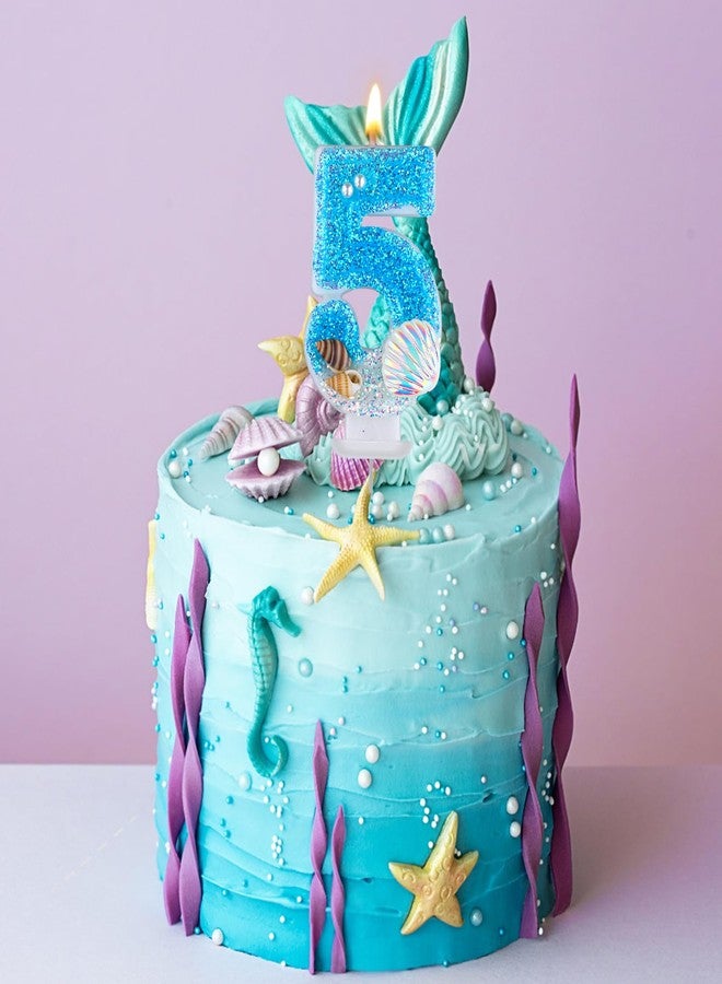 XIHIRCD Blue Number Candle Shell, Blue Birthday Candle Sequin Shell Conch Candle Blue Mermaid Glitter Number Candle for Mermaid Birthday Party Wedding Anniversary Decorations(5) - Image 4