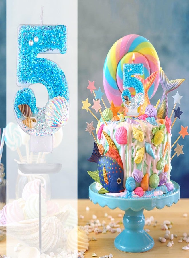 XIHIRCD Blue Number Candle Shell, Blue Birthday Candle Sequin Shell Conch Candle Blue Mermaid Glitter Number Candle for Mermaid Birthday Party Wedding Anniversary Decorations(5) - Image 3