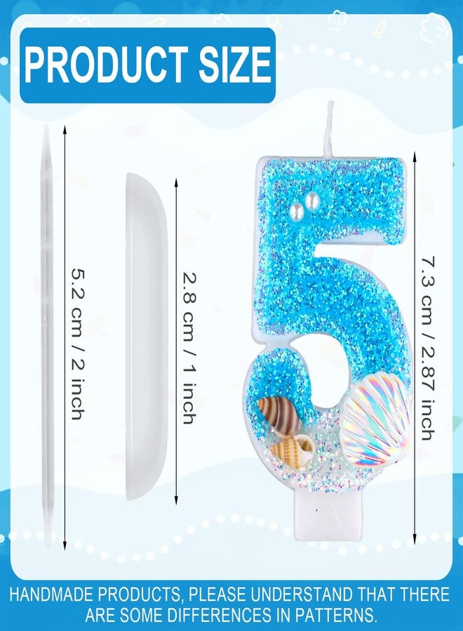 XIHIRCD Blue Number Candle Shell, Blue Birthday Candle Sequin Shell Conch Candle Blue Mermaid Glitter Number Candle for Mermaid Birthday Party Wedding Anniversary Decorations(5) - Image 2