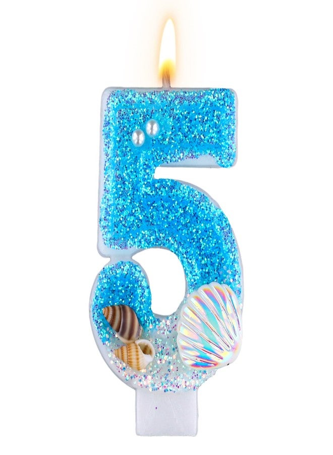 XIHIRCD Blue Number Candle Shell, Blue Birthday Candle Sequin Shell Conch Candle Blue Mermaid Glitter Number Candle for Mermaid Birthday Party Wedding Anniversary Decorations(5) - Image 1