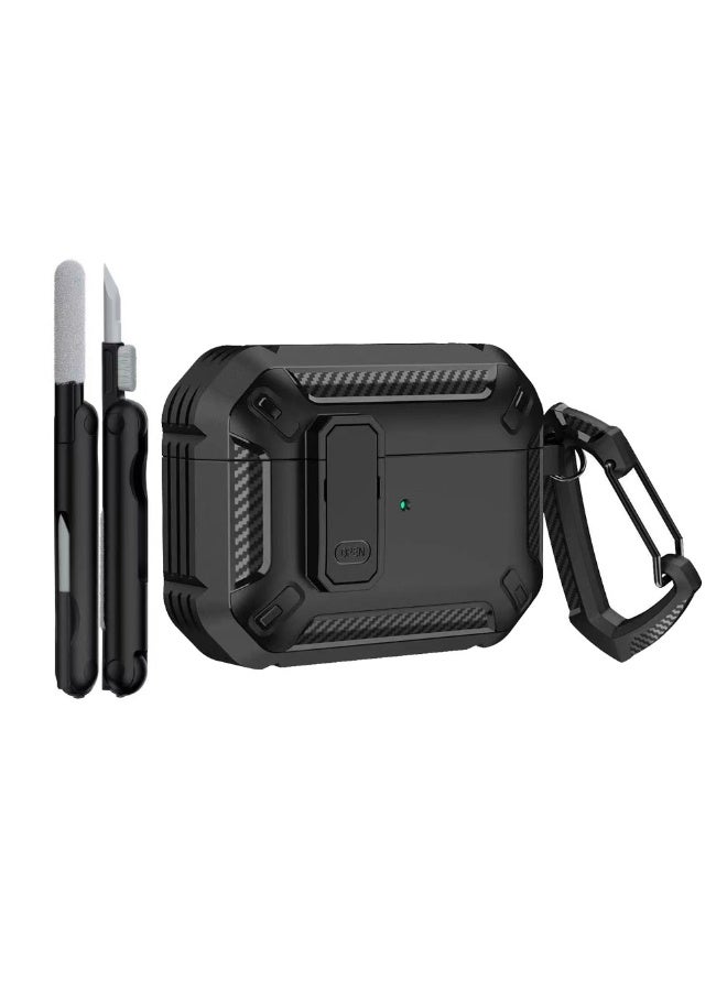 غطاء حماية لسماعات AirPods Pro 3، يأتي مع مجموعة قلم تنظيف، غطاء حماية قابل للقفل لسماعات AirPods Pro 3، غطاء صلب مقاوم للصدمات بمعيار عسكري، مع سلسلة مفاتيح، متوافق مع AirPods Pro 3 2025 (أسود) - Image 1