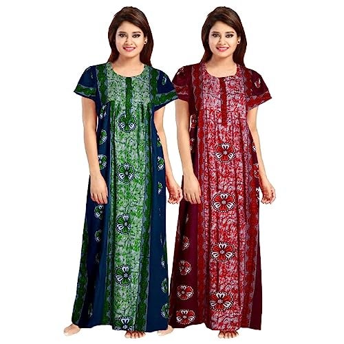KBNBJ Nighty For Women Cotton Printed Maxi Gown Ankle Length Nighty Night Dress Gown For Women Maxi-Free Size (Pack Of 2), Assorted - Image 1