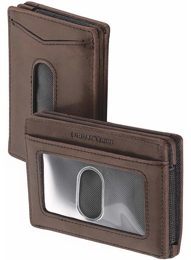 URBAN TRIBE Compact RFID Sleeve Wallet Premium Leather Minimalist Money Clip Card Holder 10 Cards, Texas Brown, Slim - Image 1