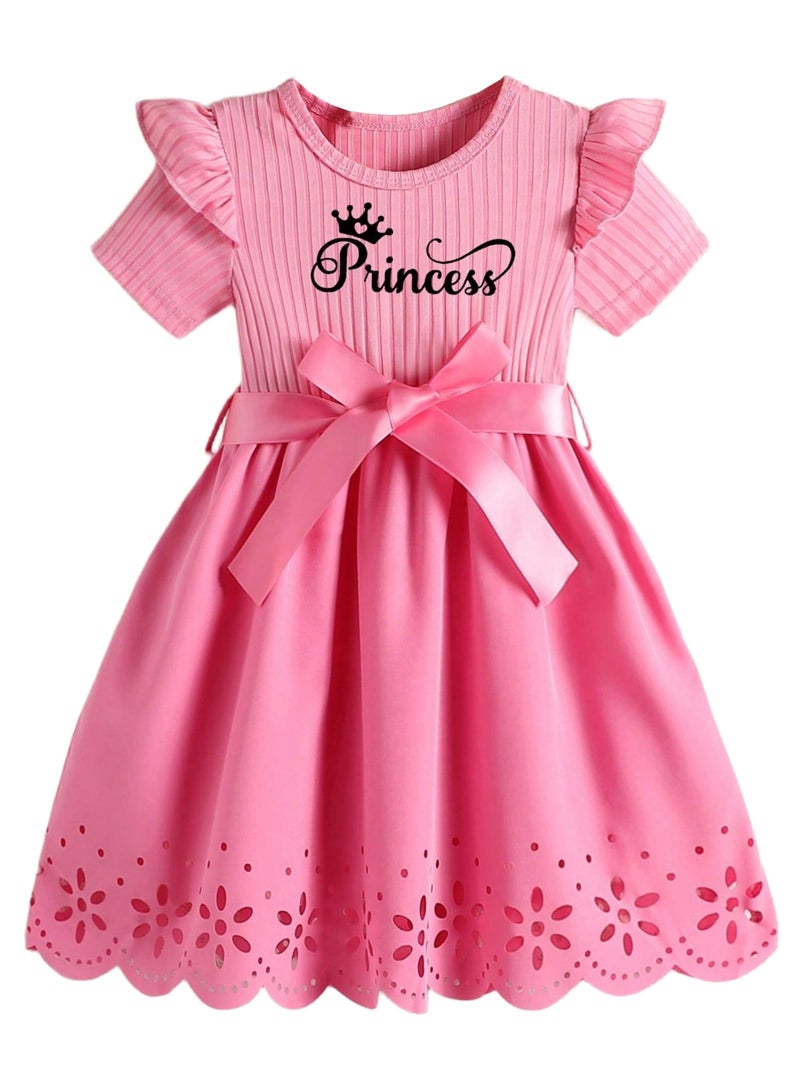 VARMILO Little Girls Dress Casual Tutu Adjustable Waist Princess Party Bow Belt Dress for Everyday Play, Birthday and School Events 7 Years Pink - Image 1