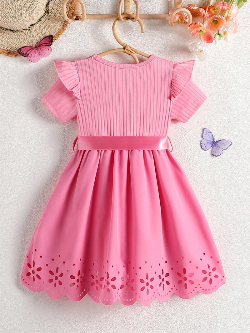 VARMILO Little Girls Dress Casual Tutu Adjustable Waist Princess Party Bow Belt Dress for Everyday Play, Birthday and School Events 7 Years Pink - Image 3