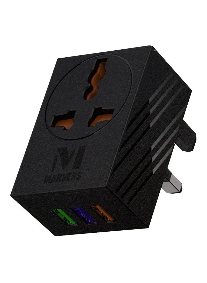 أعجوبة محول السفر العالمي Marvers MS TC3112، 3 منافذ USB مع شحن سريع 6 أمبير، أسود  - Image 1