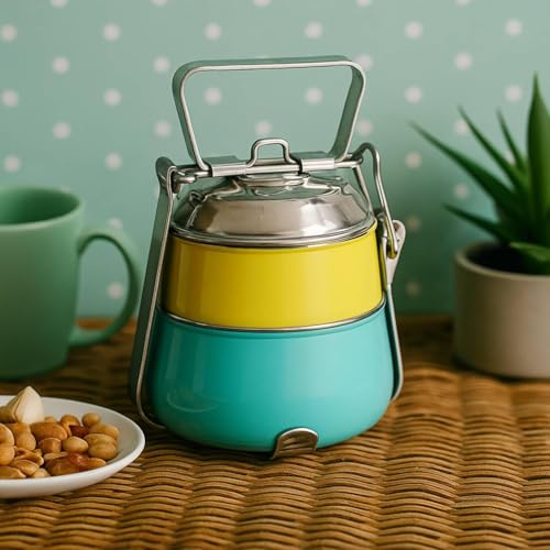 Elan Stainless Steel Lunch Box with Handle | Tiffin with Lid and Handle | 2 Compartment Traditional Tiffin Box | Easy to Carry | Locking Clip | School and Office Use (600ml, Yellow-Aqua) - Image 1