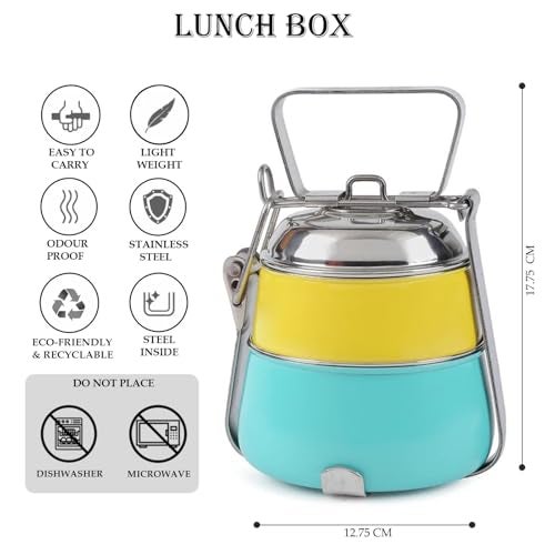 Elan Stainless Steel Lunch Box with Handle | Tiffin with Lid and Handle | 2 Compartment Traditional Tiffin Box | Easy to Carry | Locking Clip | School and Office Use (600ml, Yellow-Aqua) - Image 2