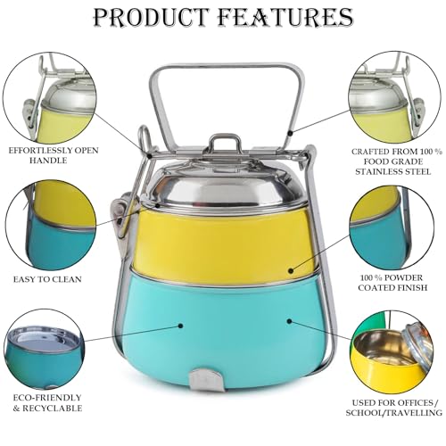 Elan Stainless Steel Lunch Box with Handle | Tiffin with Lid and Handle | 2 Compartment Traditional Tiffin Box | Easy to Carry | Locking Clip | School and Office Use (600ml, Yellow-Aqua) - Image 3