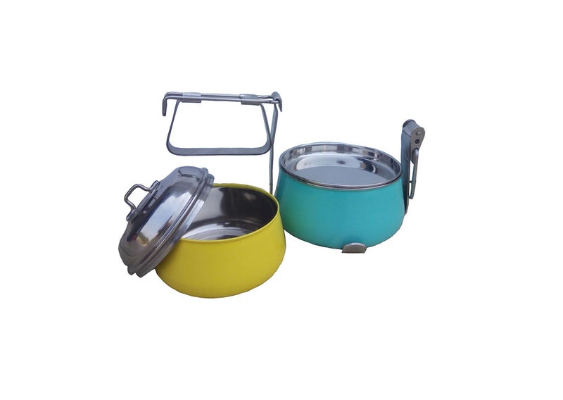 Elan Stainless Steel Lunch Box with Handle | Tiffin with Lid and Handle | 2 Compartment Traditional Tiffin Box | Easy to Carry | Locking Clip | School and Office Use (600ml, Yellow-Aqua) - Image 5