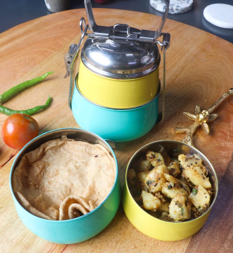 Elan Stainless Steel Lunch Box with Handle | Tiffin with Lid and Handle | 2 Compartment Traditional Tiffin Box | Easy to Carry | Locking Clip | School and Office Use (600ml, Yellow-Aqua) - Image 4