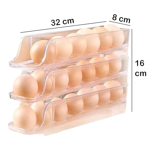 Krevia Rolling Egg Holder for Refrigerator | 3 Tier Egg Storage Container Dispenser | Stackable Egg Containers With Removable Overlay Design | Clear Egg Tray for Fridge (Transparent) - Image 2
