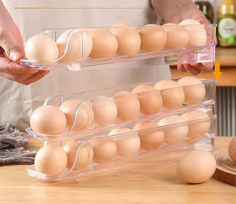 Krevia Rolling Egg Holder for Refrigerator | 3 Tier Egg Storage Container Dispenser | Stackable Egg Containers With Removable Overlay Design | Clear Egg Tray for Fridge (Transparent) - Image 5