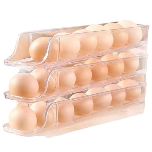 Krevia Rolling Egg Holder for Refrigerator | 3 Tier Egg Storage Container Dispenser | Stackable Egg Containers With Removable Overlay Design | Clear Egg Tray for Fridge (Transparent) - Image 1