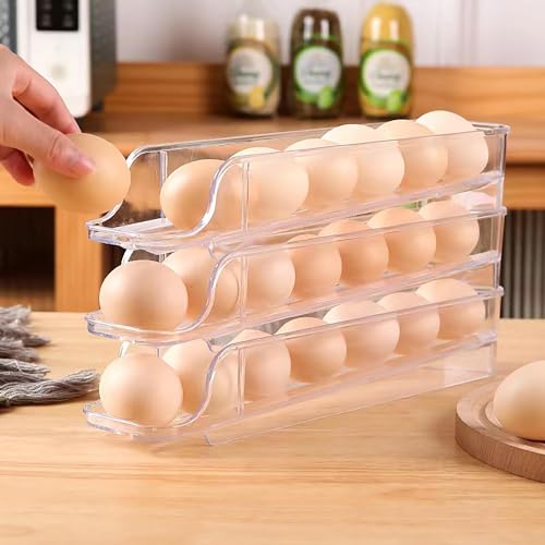 Krevia Rolling Egg Holder for Refrigerator | 3 Tier Egg Storage Container Dispenser | Stackable Egg Containers With Removable Overlay Design | Clear Egg Tray for Fridge (Transparent) - Image 3