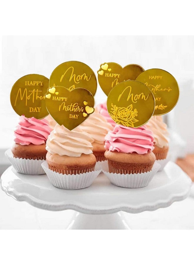 BASEMMAHER 20Pcs Happy Mother's Day Cupcake Topper Glitter Gold Acrylic Mirror Disc Round Cake Engraved Topper Charms Heart Rose Flowers Mom Cake Decoration for Dessert Birthday Party Supplies - Image 3